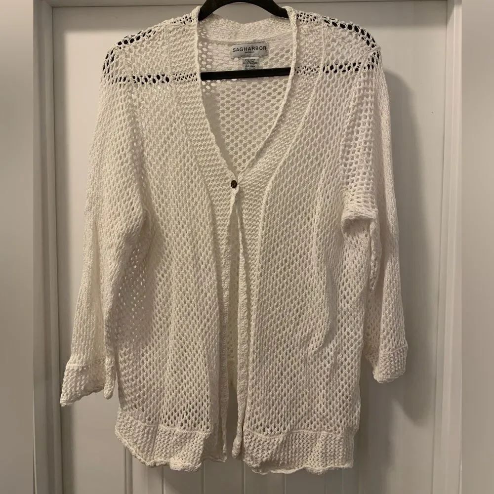 Sag Harbor Women’s Open Knit One Button Closure Sweater Size 1X White